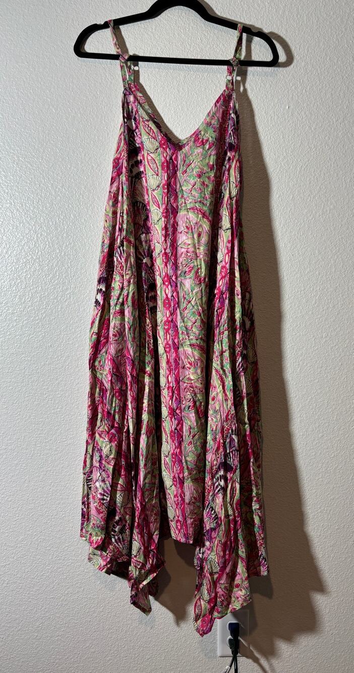 Island Beach Women's Size L Tropical Floral Shell Hanky Hem Strapless Dress